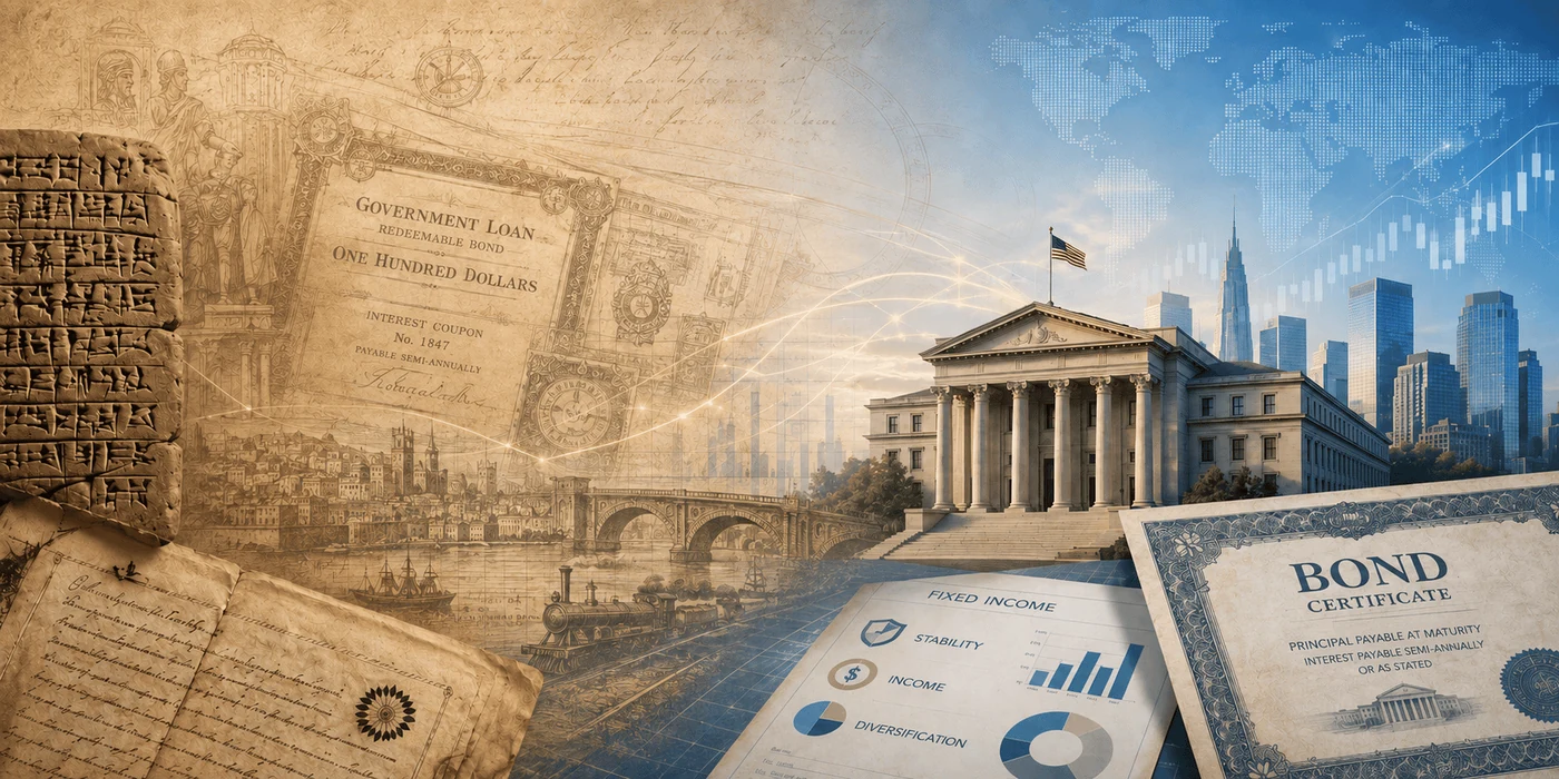 Illustration introducing bonds and their long financial history.