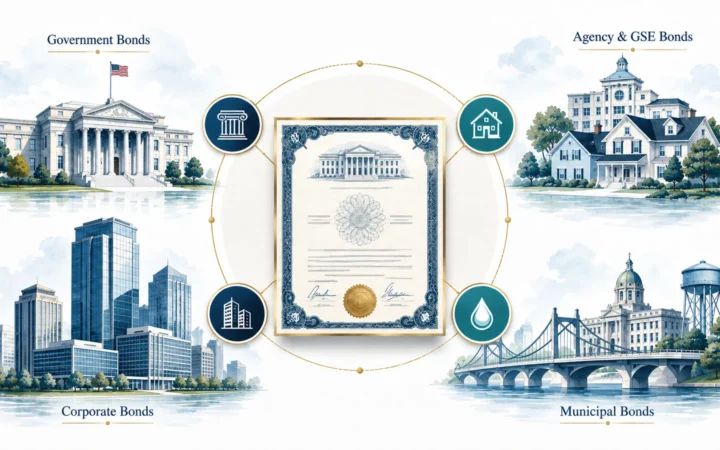 Illustration of government, corporate, and municipal bonds.