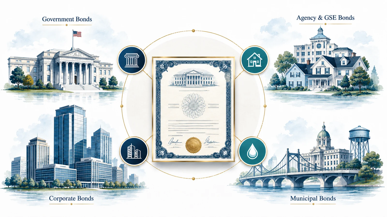 Illustration of government, corporate, and municipal bonds.