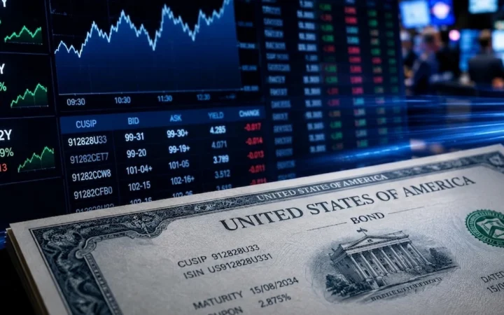 Illustration of a Treasury bond beside bond-market trading screens.