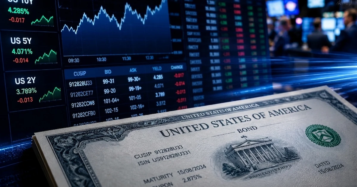 Illustration of a Treasury bond beside bond-market trading screens.
