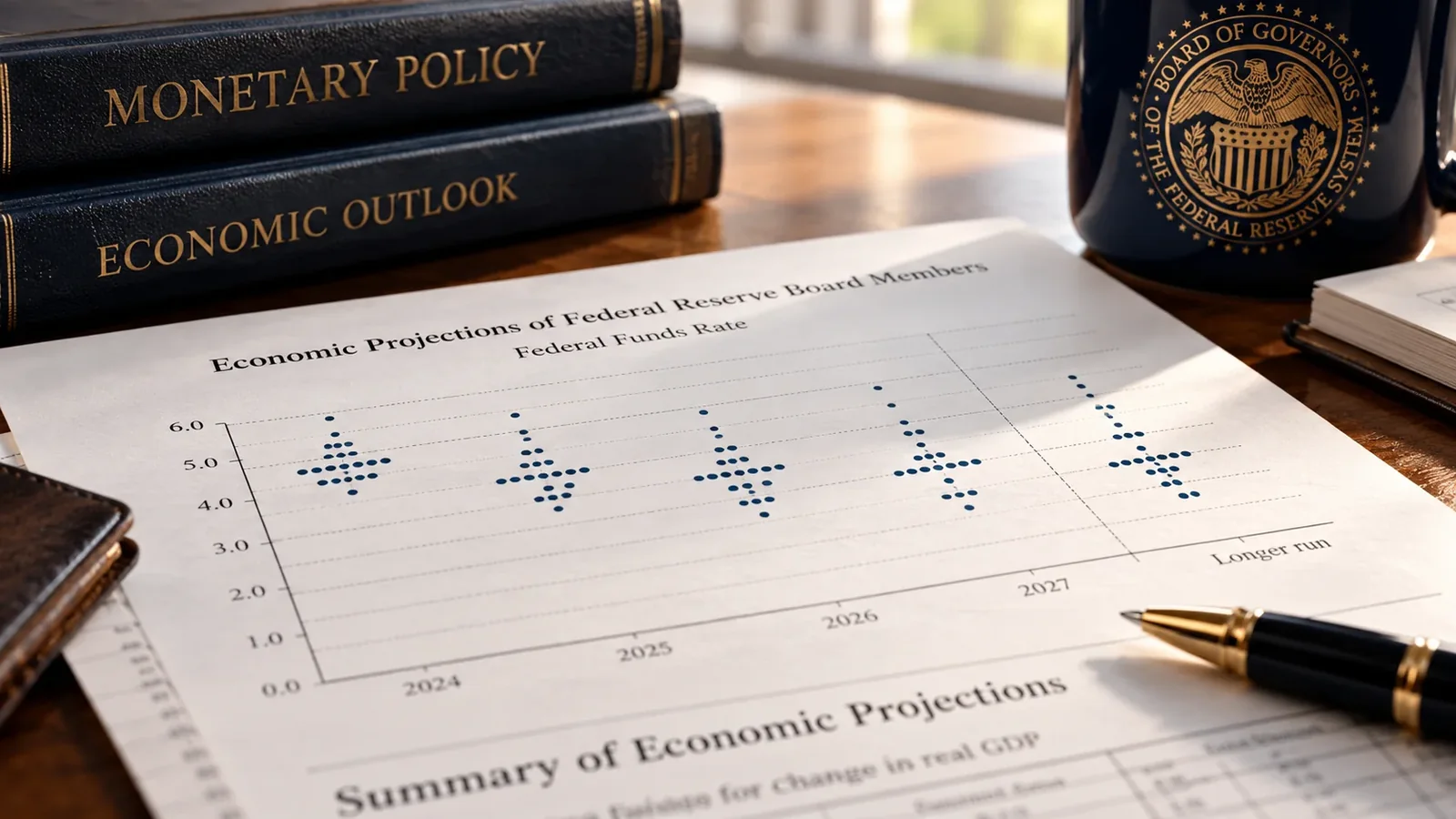 Economic projections and a dot plot on a desk.