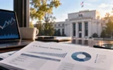 Treasury securities documents and a view of the Federal Reserve building.