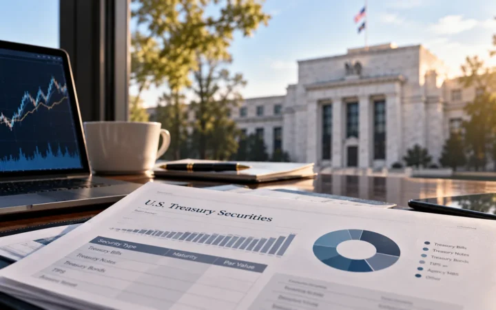 Treasury securities documents and a view of the Federal Reserve building.