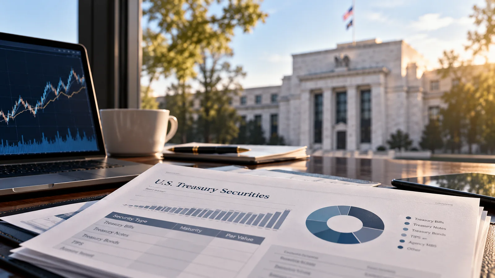 Treasury securities documents and a view of the Federal Reserve building.