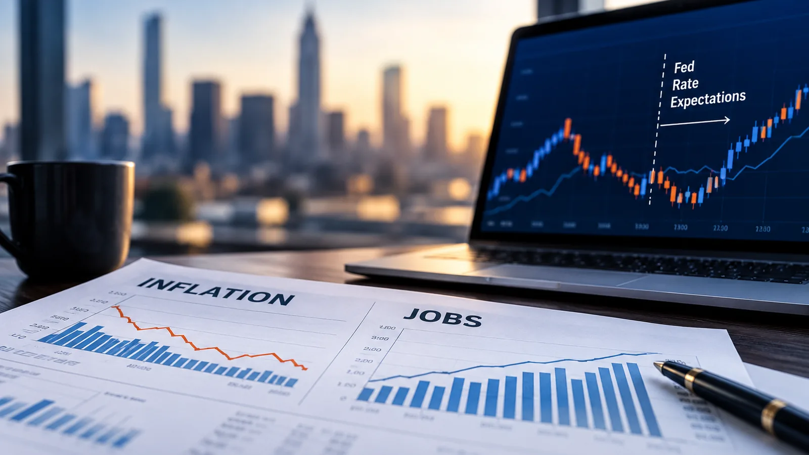 Inflation and jobs reports beside a market screen.