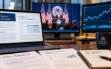 Federal Reserve meeting documents beside financial market screens.