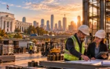 Workers at an industrial site with the Federal Reserve in the background.