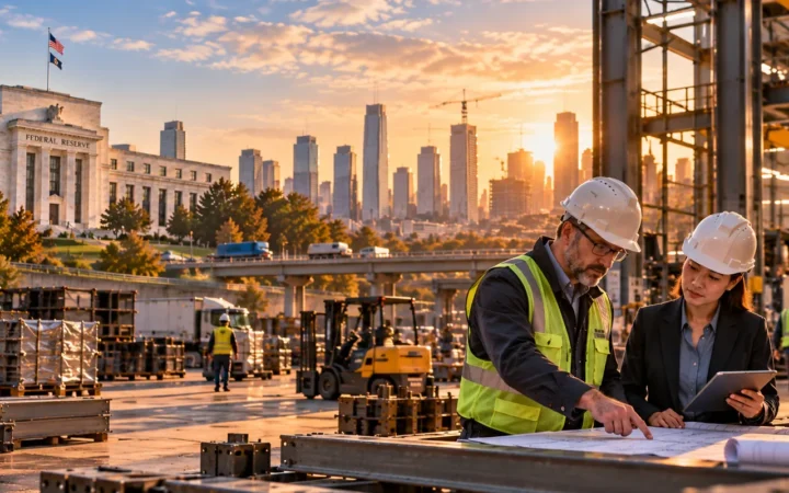 Workers at an industrial site with the Federal Reserve in the background.