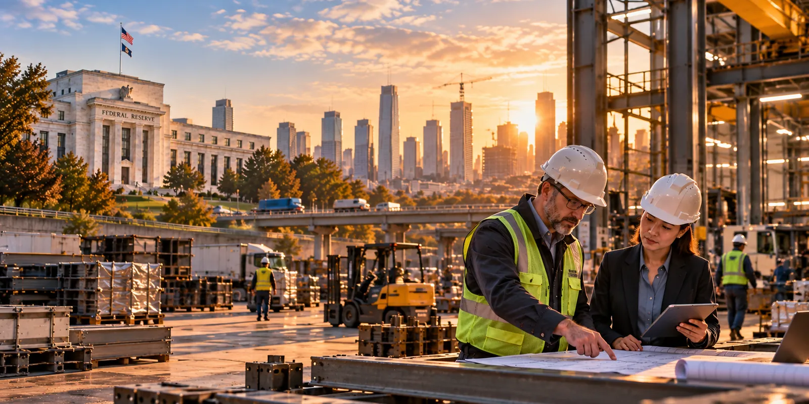 Workers at an industrial site with the Federal Reserve in the background.
