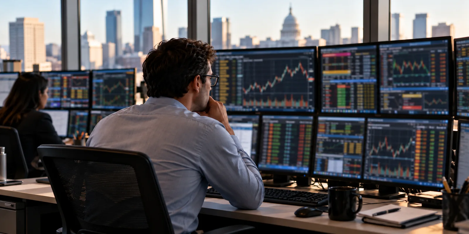 A market participant watches multiple trading screens at a workstation.