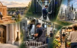 A collage of housing, technology, power infrastructure, banking, manufacturing, and retail.