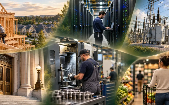 A collage of housing, technology, power infrastructure, banking, manufacturing, and retail.