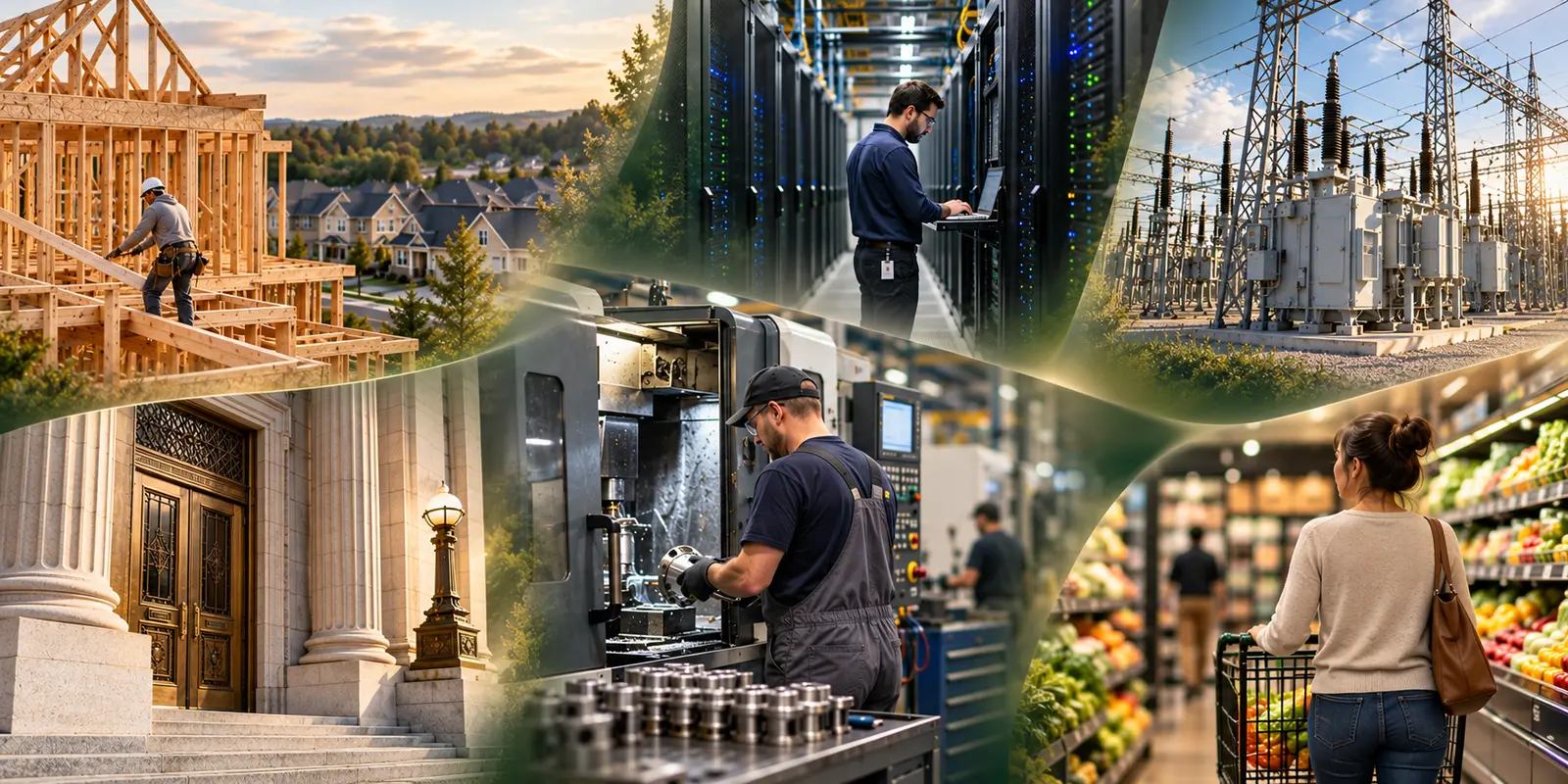 A collage of housing, technology, power infrastructure, banking, manufacturing, and retail.