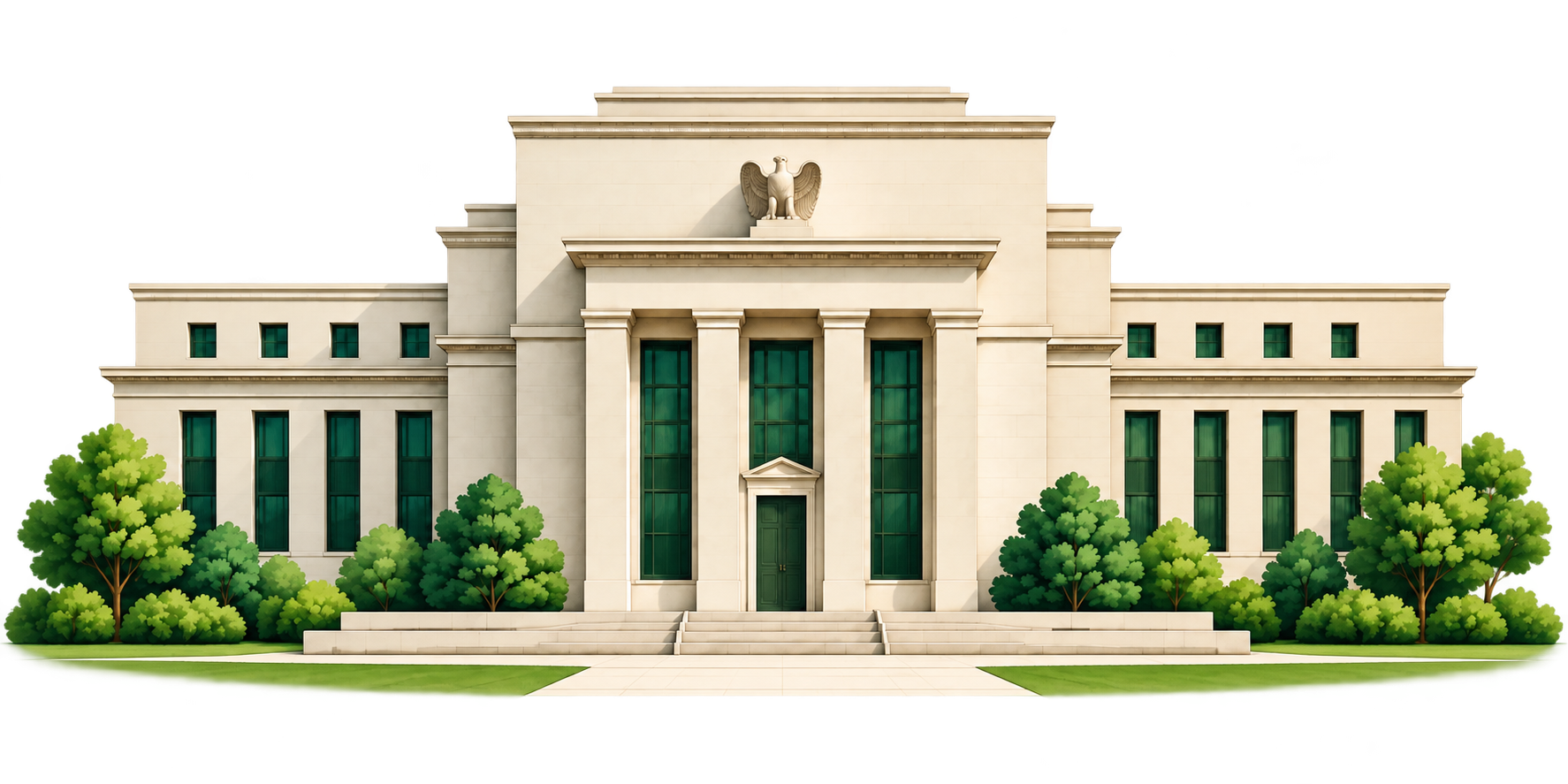 Illustration of a Federal Reserve building surrounded by greenery.
