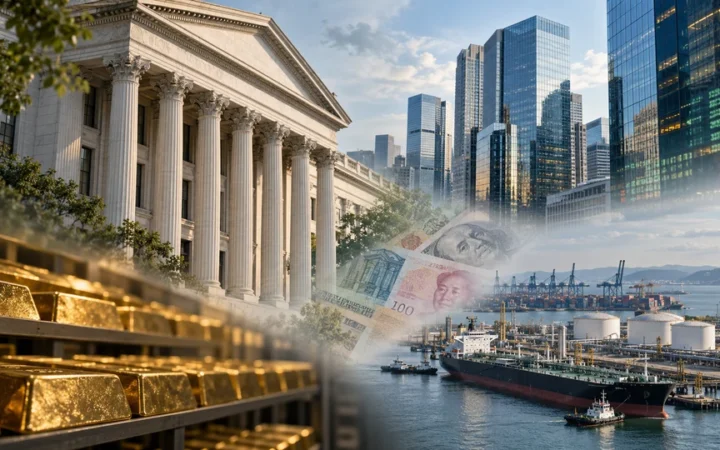 A collage of financial markets, currencies, gold, and an energy port.