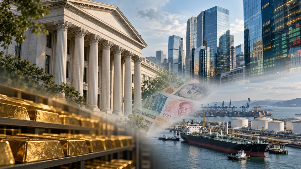 A collage of financial markets, currencies, gold, and an energy port.
